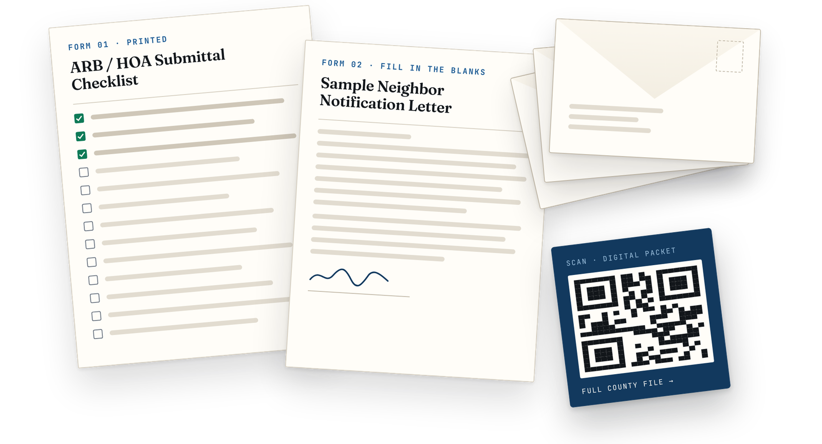 HOA Submittal Kit contents arranged flat: printed ARB checklist, neighbor
                    notification letter, a stack of envelopes, and a navy QR card.