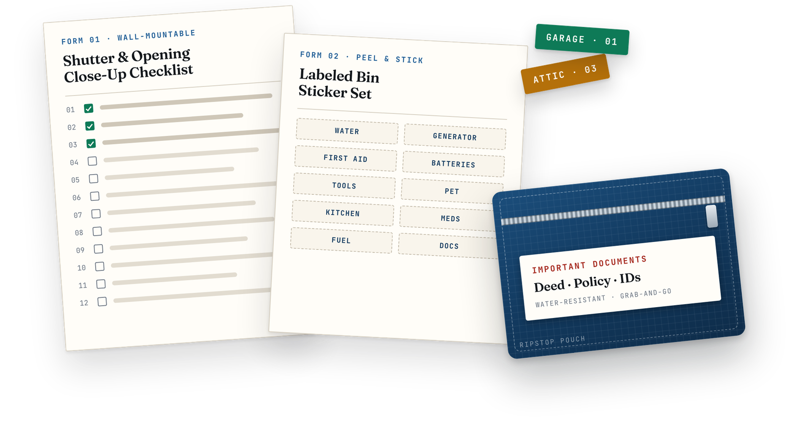 The Hurricane Close-Up Kit laid out: a wall-mountable shutter and opening
                  checklist, a sheet of peel-and-stick bin labels, and a water-resistant
                  document pouch.